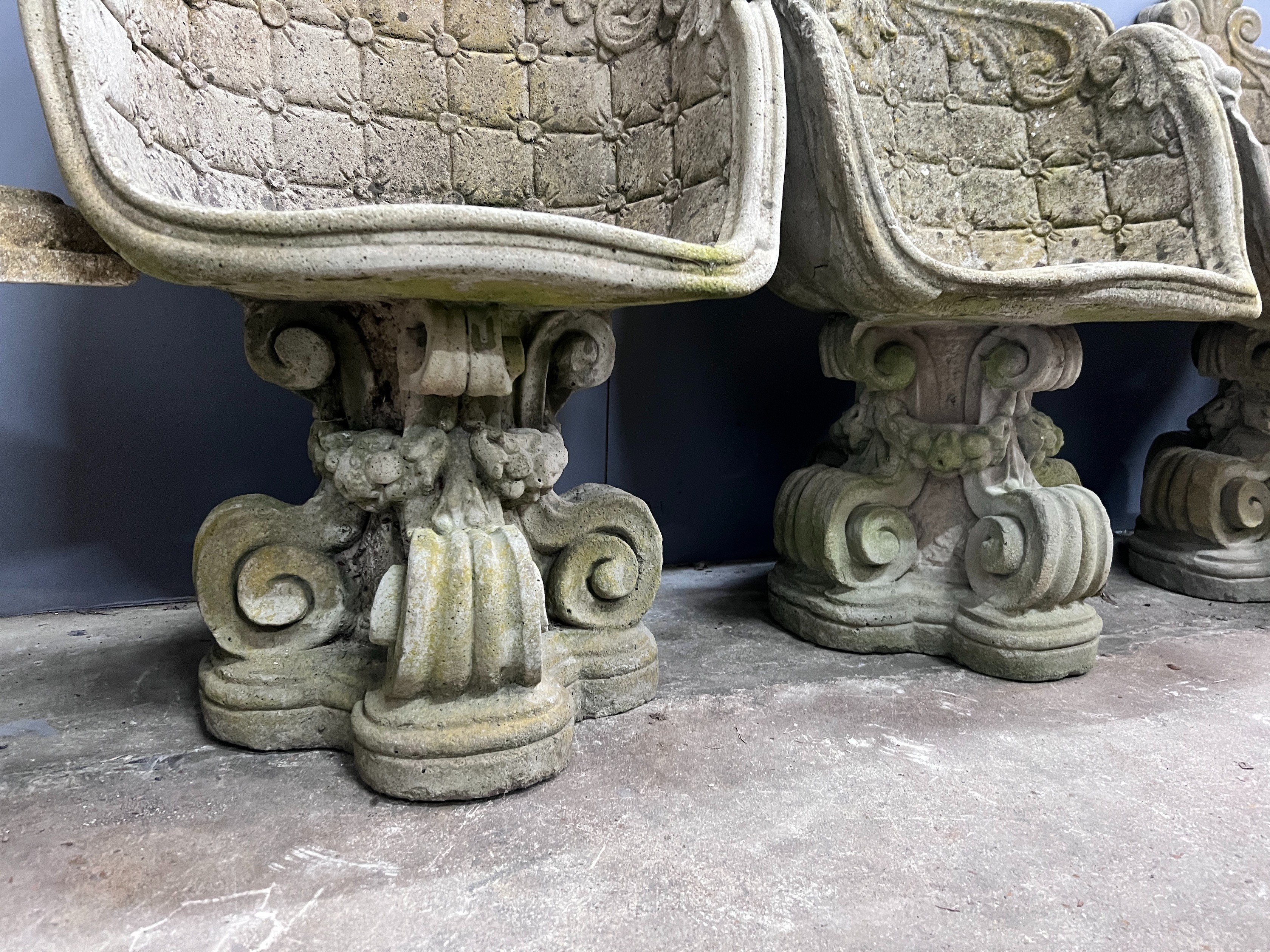 Three reconstituted stone tub garden chairs, width 45cm, depth 46cm, height 82cm, *Please note the sale commences at 9am.